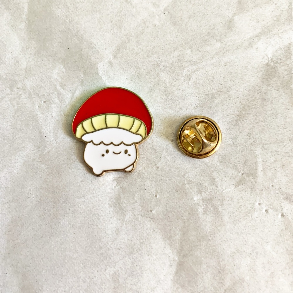 3/$15 New Cute Kawaii Chubby Mushroom Man Enamel Pin - Red White Gold 1”